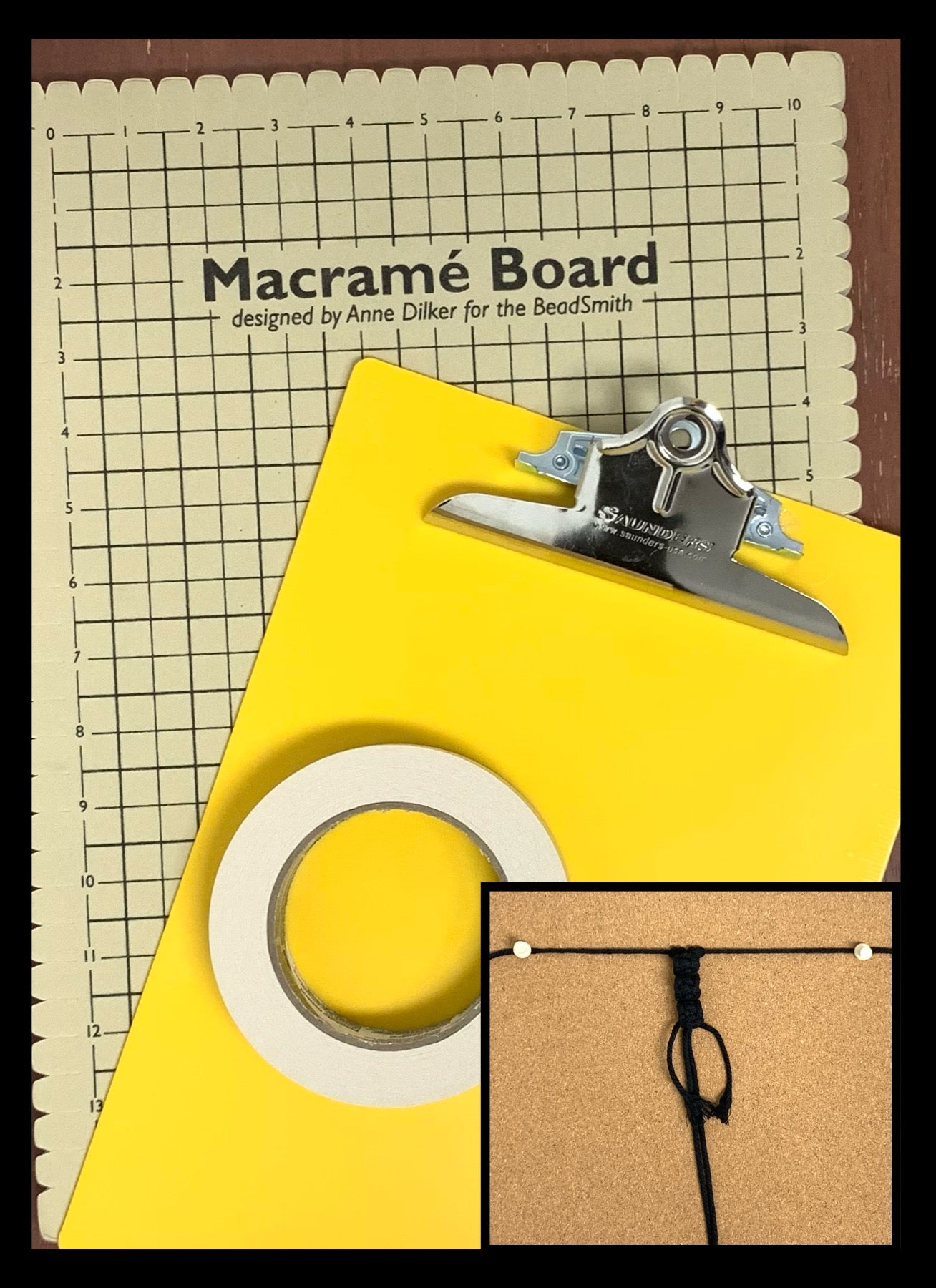 Macrame Board, Clipboard, Masking Tape, and Corkboard with Macrame project posted to it.