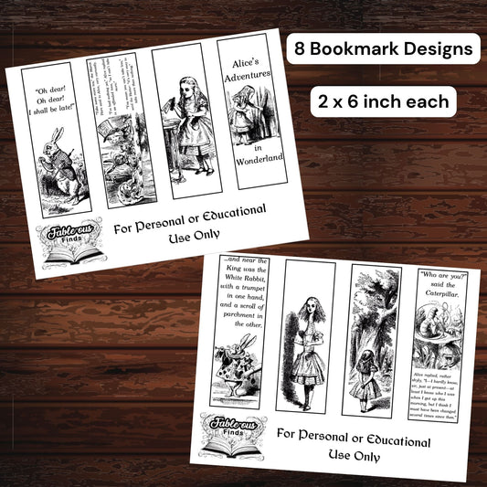 Alice in Wonderland Printable Coloring Bookmarks - Instant PDF Download