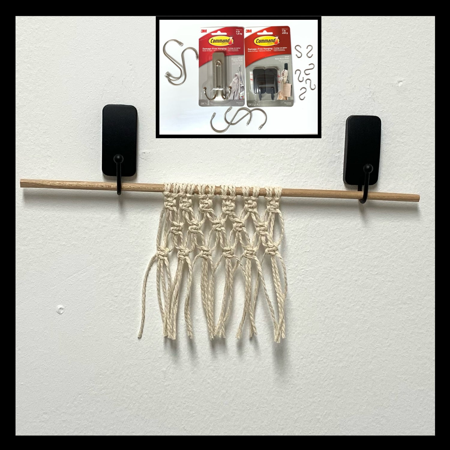 Macrame project hanging on a wall work station. Inset picture of S-Hooks and Adhesive-Backed wall-hanging hooks.