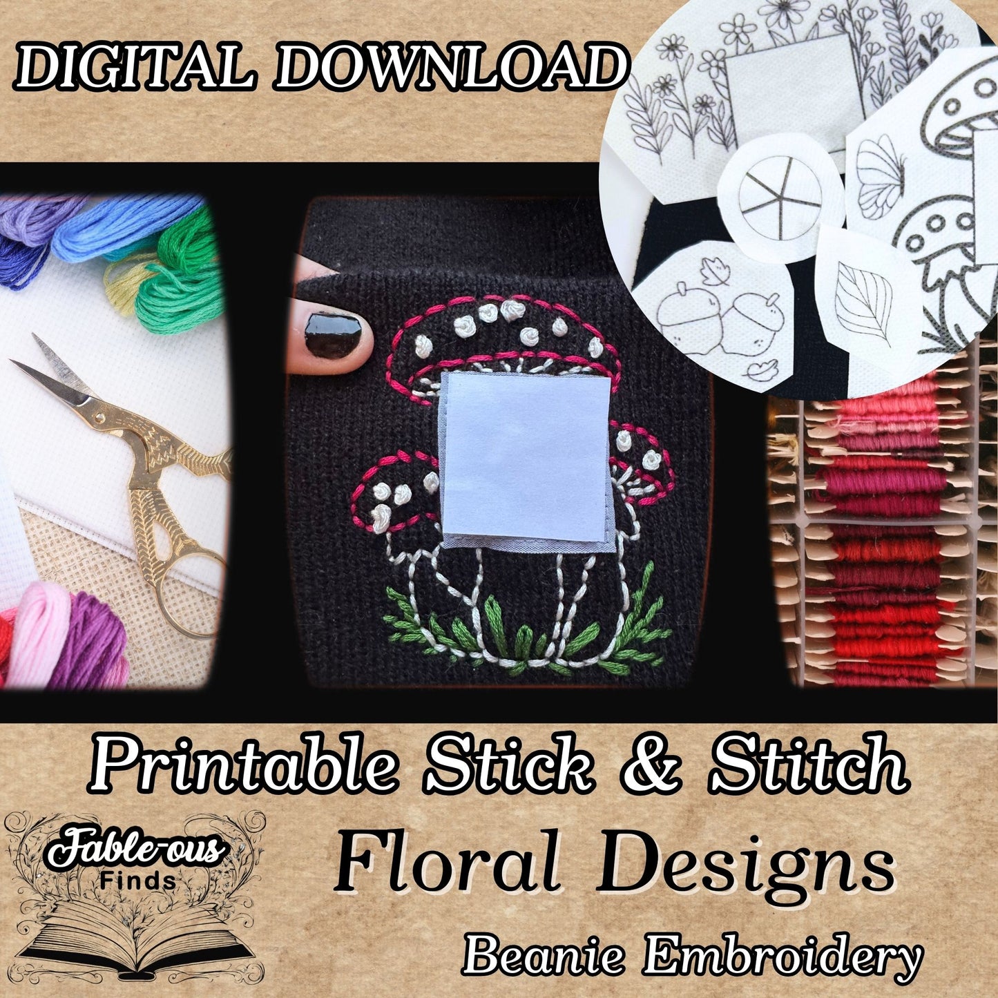 Beanie Cap Floral Hand Embroidery PDF Pattern - Printable Stick & Stitch Designs - Instant Download