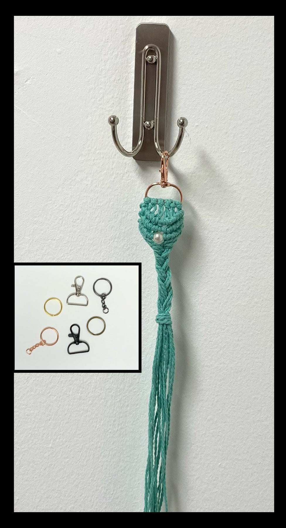 Mermaid Hair Macrame Keychain and an inset picture of Keychain Hardware.