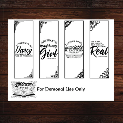 Jane Austen Printable Bookmarks - Instant PDF Download