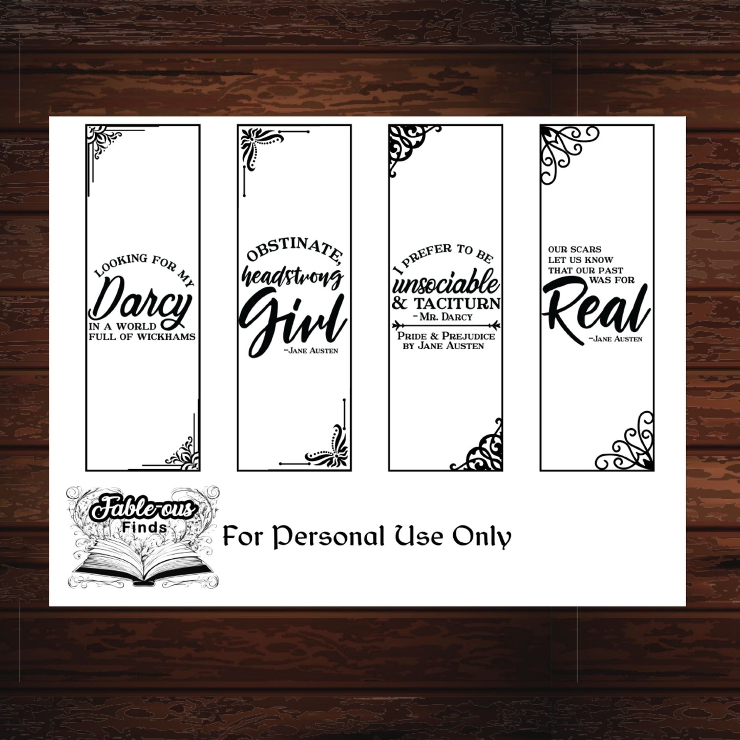 Jane Austen Printable Bookmarks - Instant PDF Download