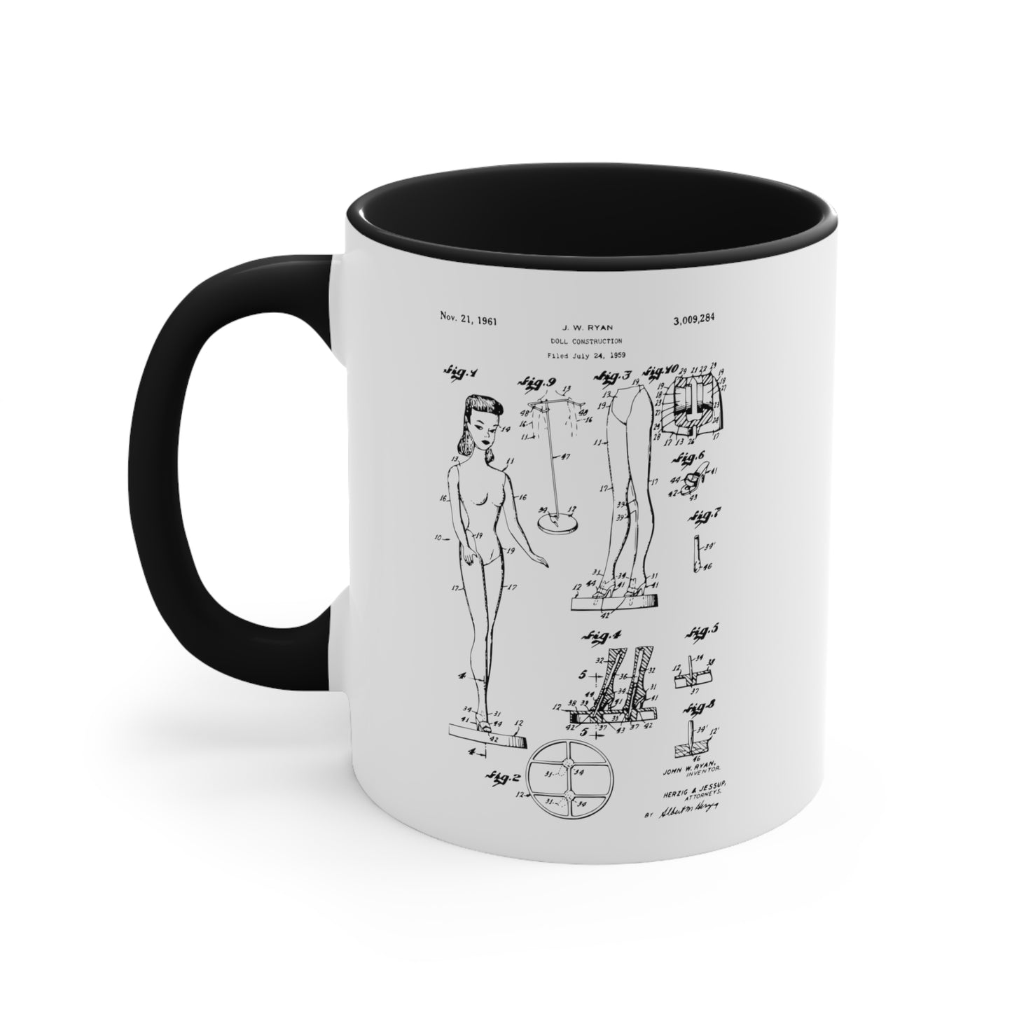 Doll Construction Patent 11 oz. Ceramic Mug - Black or Pink Handle