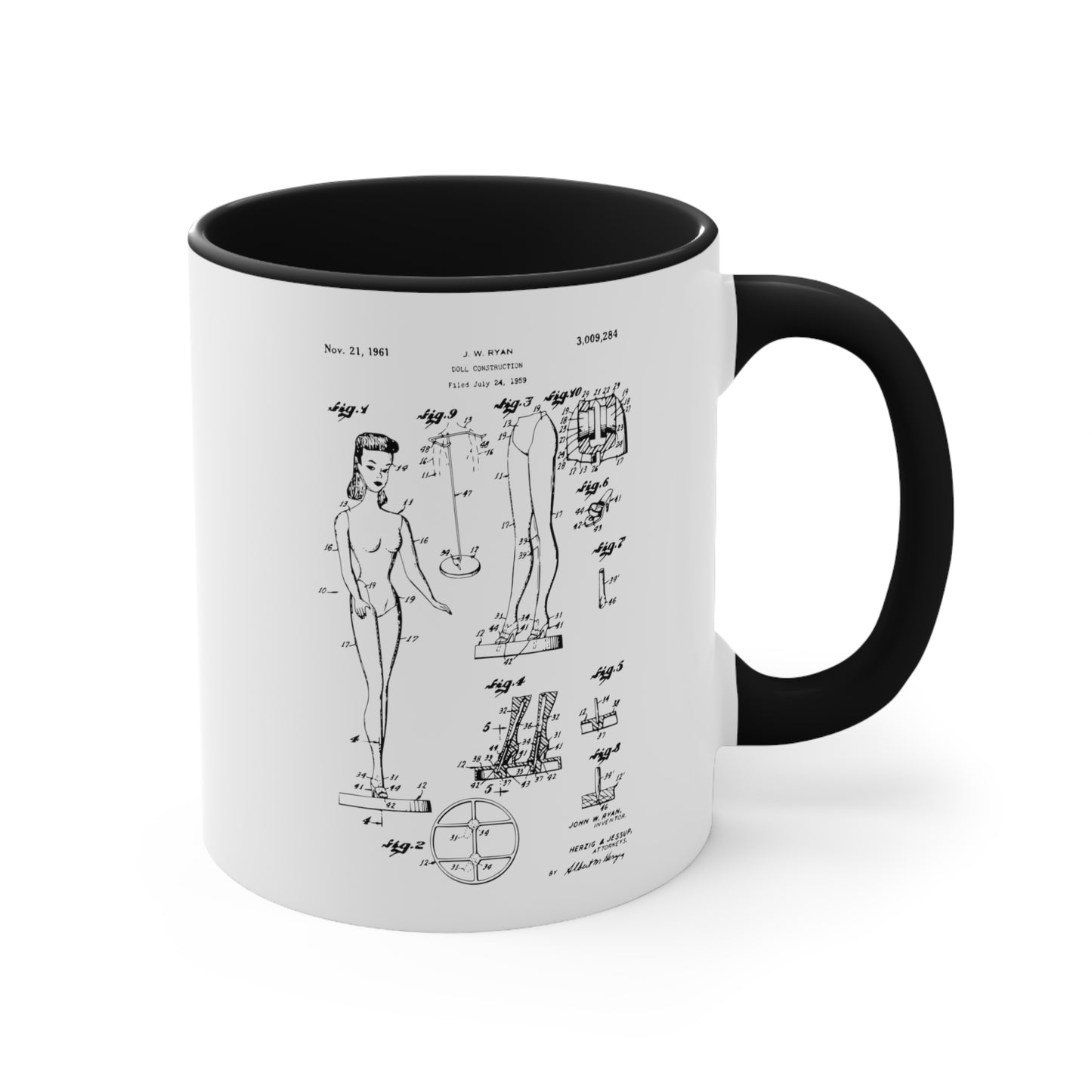 Doll Construction Patent 11 oz. Ceramic Mug - Black or Pink Handle