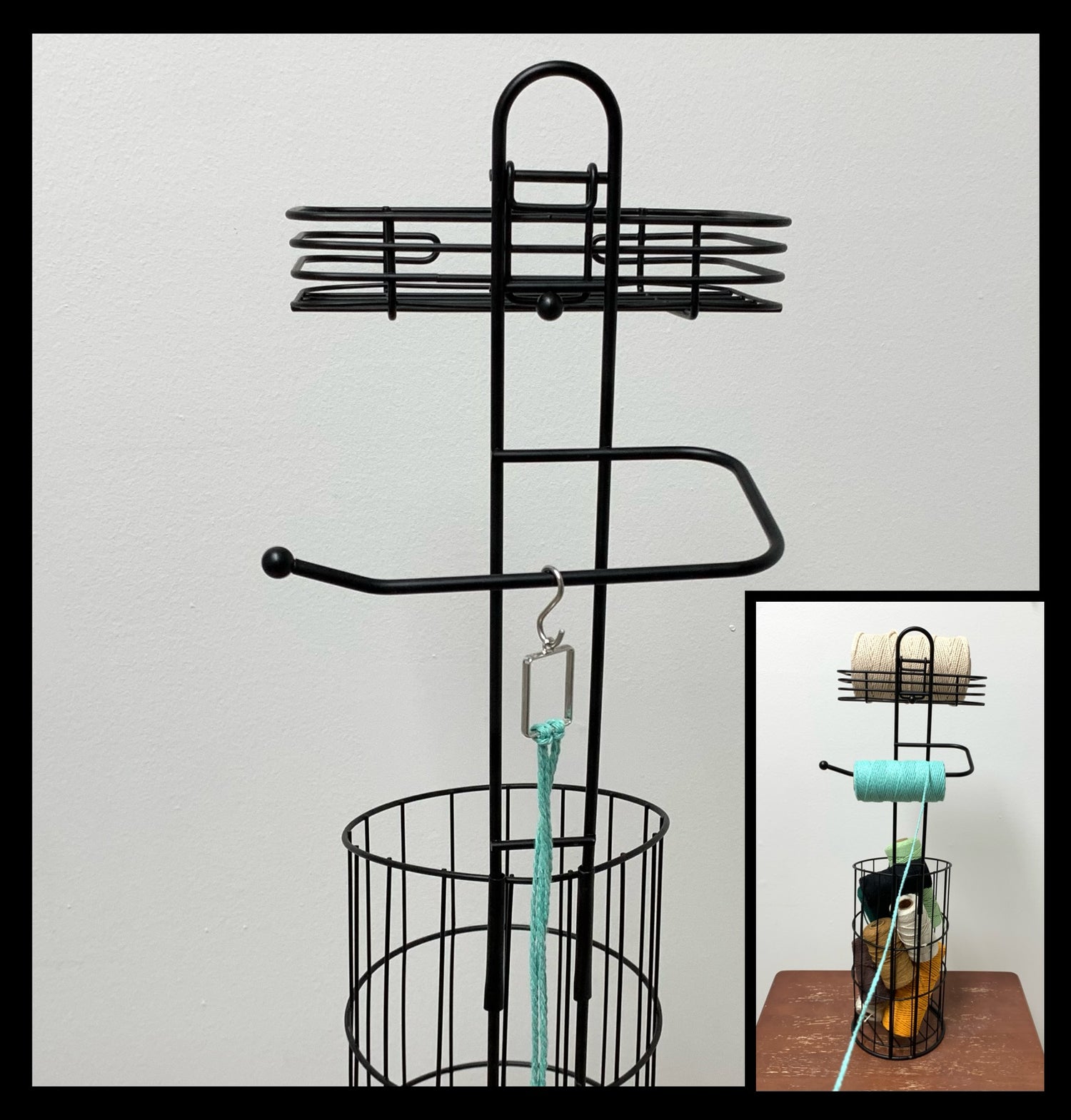 Toilet Paper Stand used as storage and a hanging station for mini macrame projects.