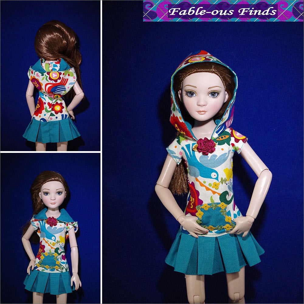 Sporty Dress Hooded Short Sleeve Drop-Waist and Pleated Skirt Front and Back View with Kangaroo Pocket