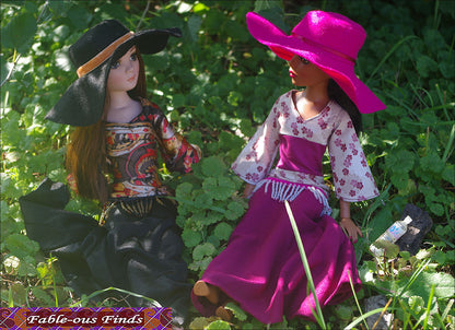 Bohemian Beauty Maxi Dress and Floppy Hat Front Views of 2 different dolls