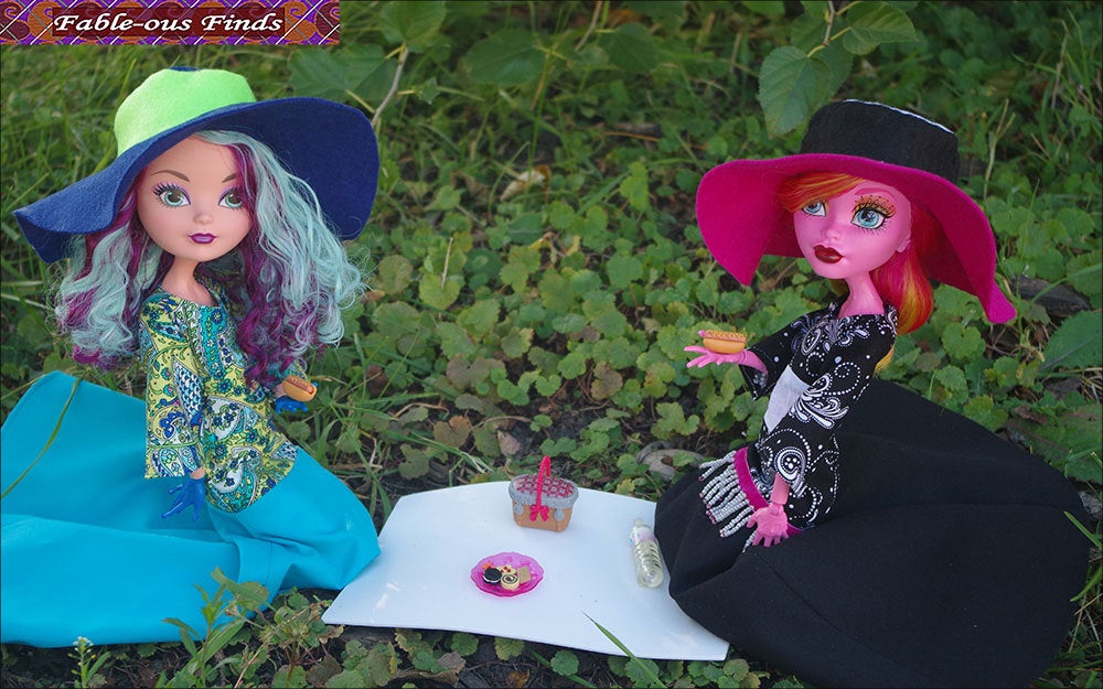 Bohemian Beauty Maxi Dress and Floppy Hat Front Views of 2 different dolls